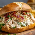 Slow cooked ranch chicken sandwich with melted cheese, bacon, lettuce, and pickles on a toasted brioche bun.