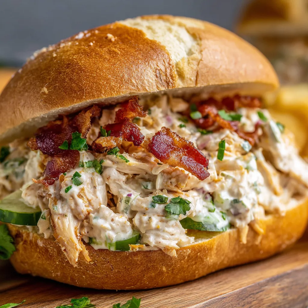 Slow cooked ranch chicken sandwich with melted cheese, bacon, lettuce, and pickles on a toasted brioche bun.