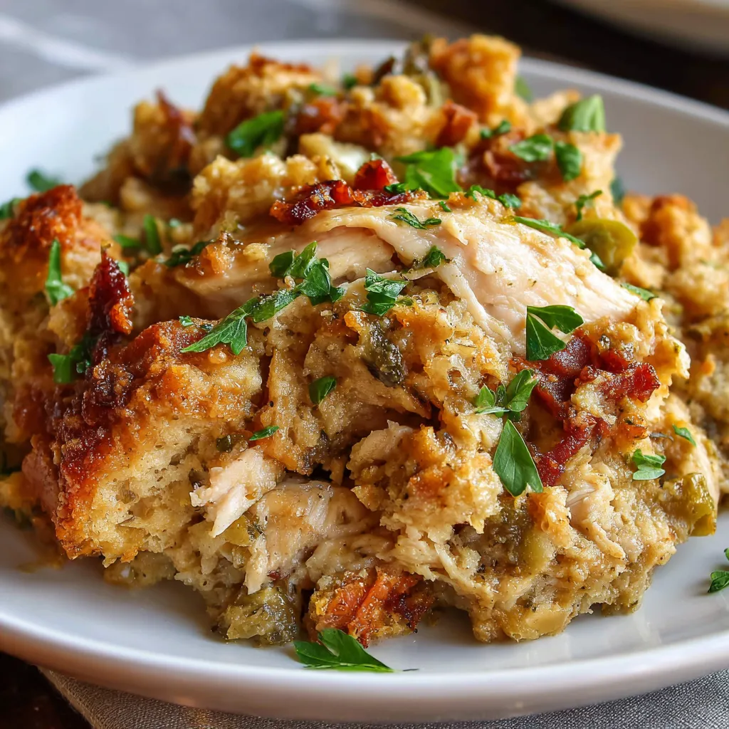 Crockpot chicken and stuffing with creamy sauce and golden stuffing topping served in a slow cooker.