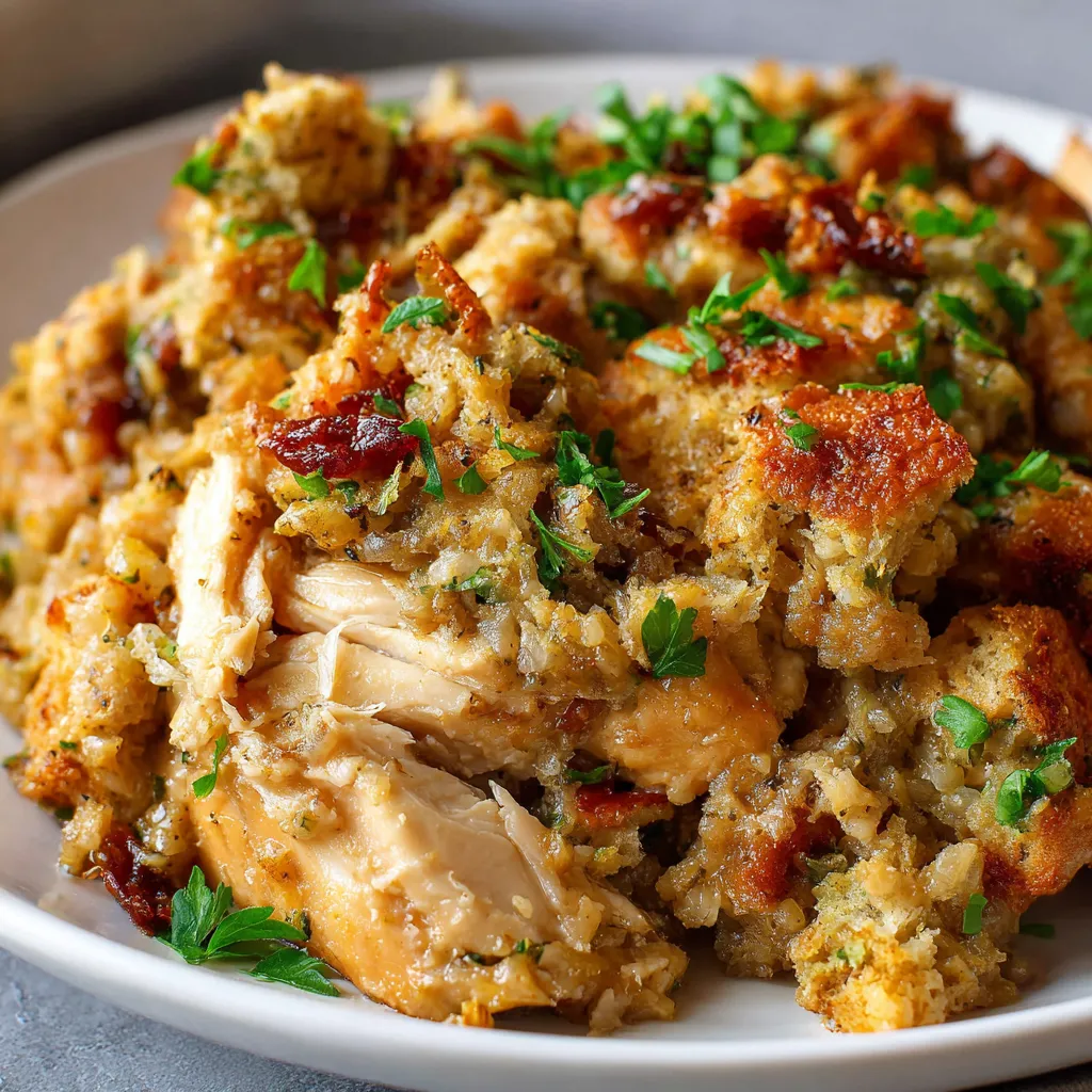 Crockpot chicken and stuffing with creamy sauce and golden stuffing topping served in a slow cooker.