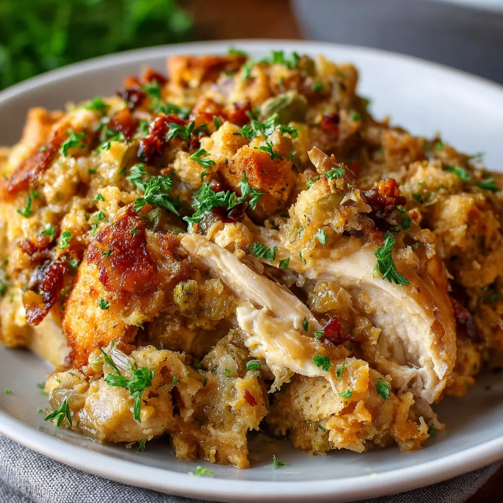 Crockpot chicken and stuffing with creamy sauce and golden stuffing topping served in a slow cooker.