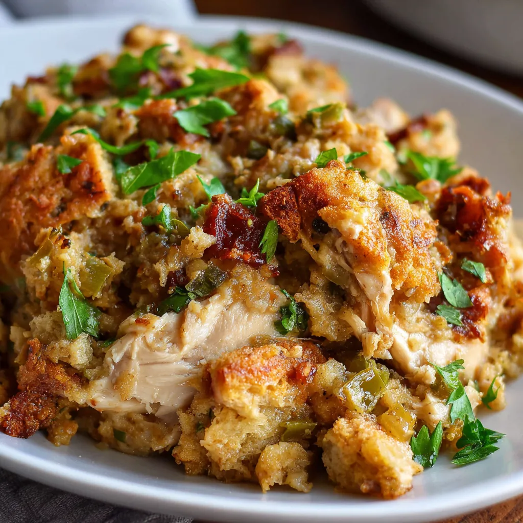 Crockpot chicken and stuffing with creamy sauce and golden stuffing topping served in a slow cooker.