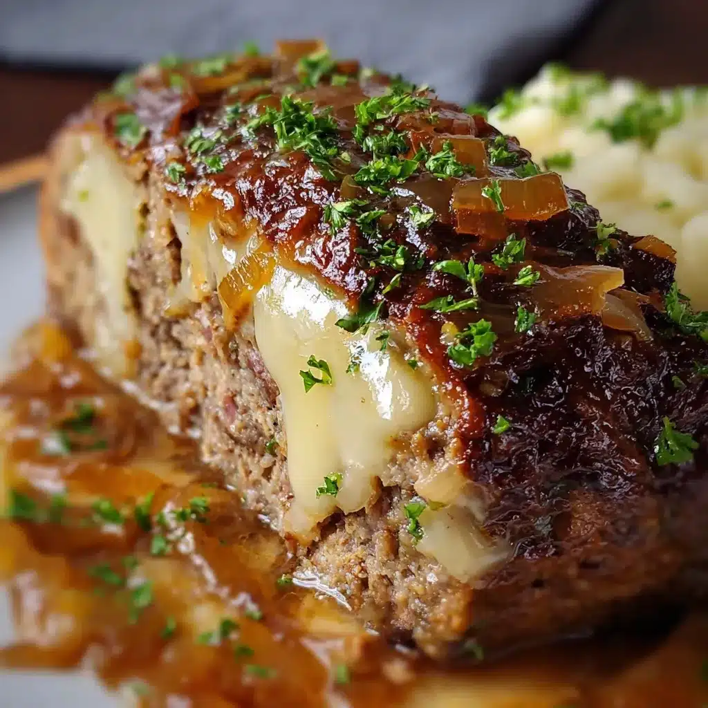 Slow-cooked French onion meatloaf topped with melted Swiss cheese in a crockpot.