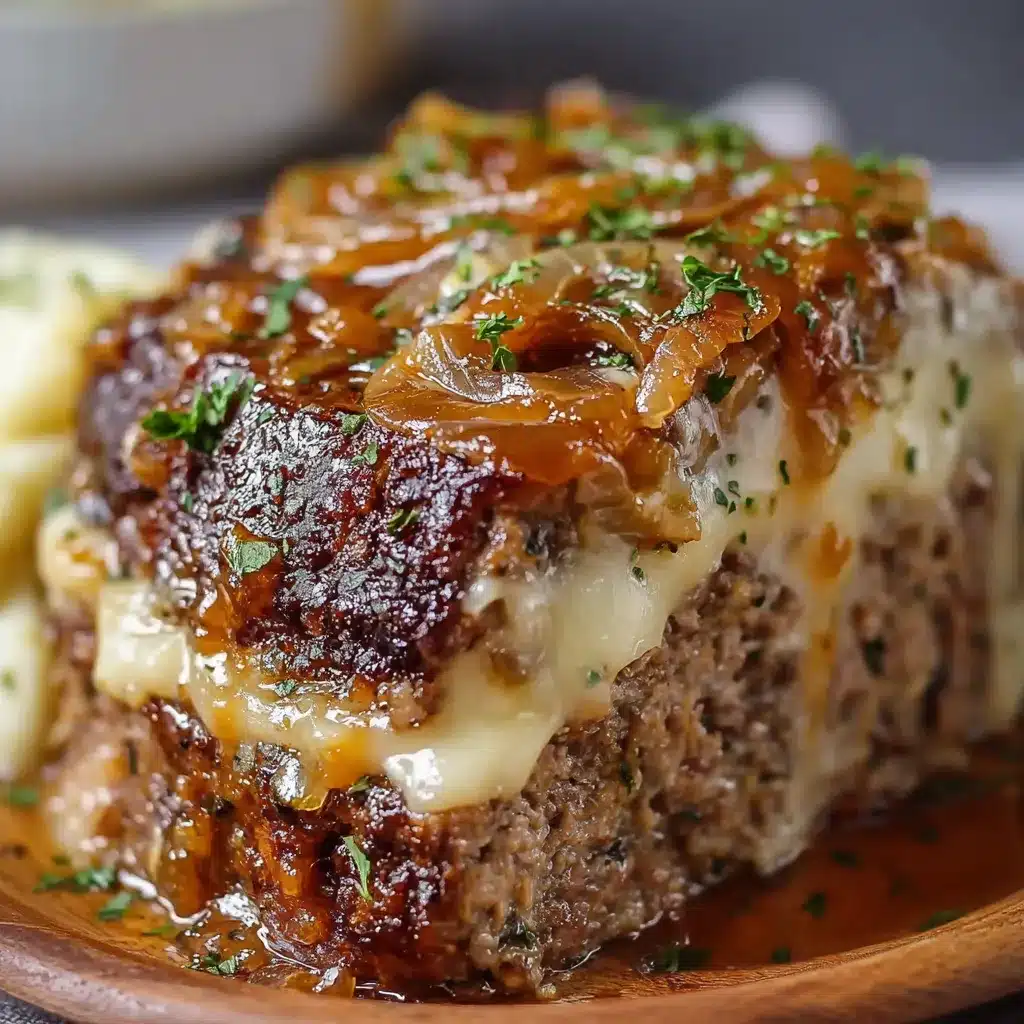 Slow-cooked French onion meatloaf topped with melted Swiss cheese in a crockpot.