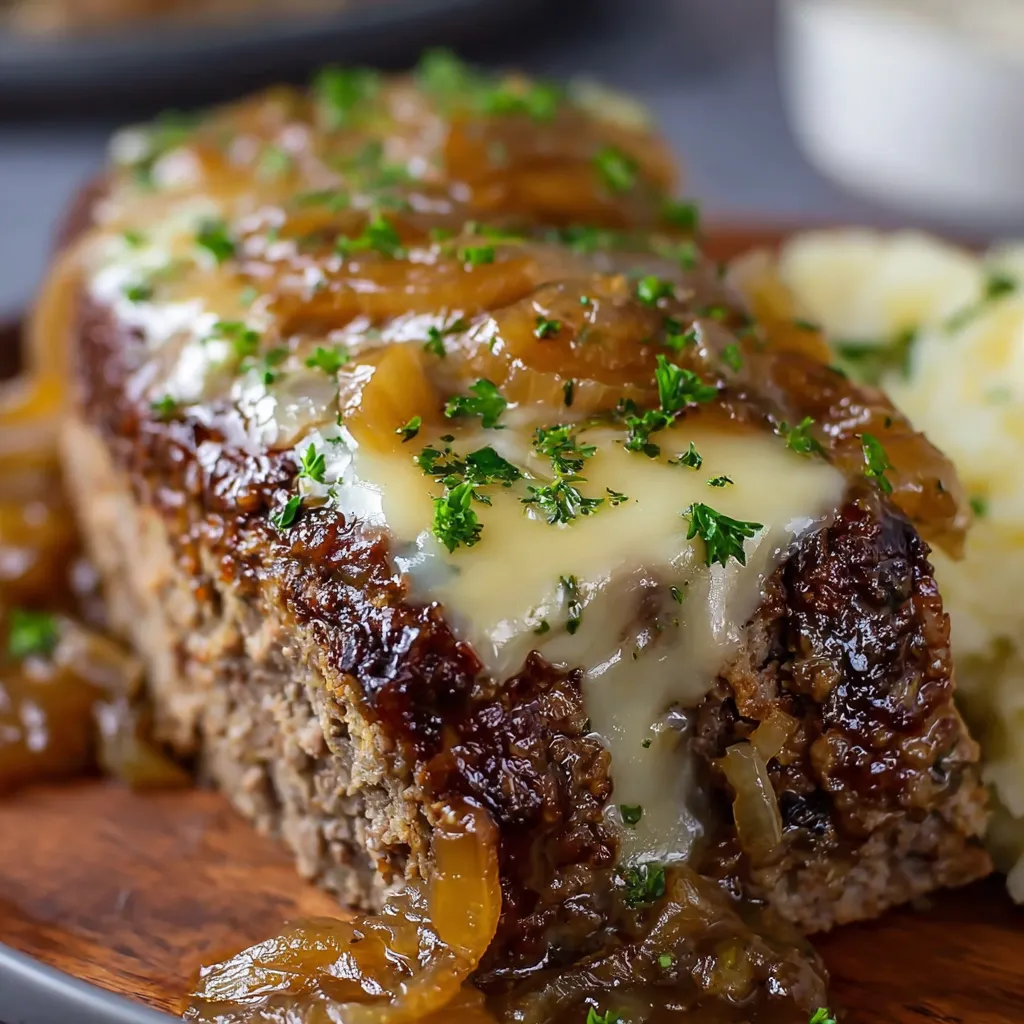 Slow-cooked French onion meatloaf topped with melted Swiss cheese in a crockpot.