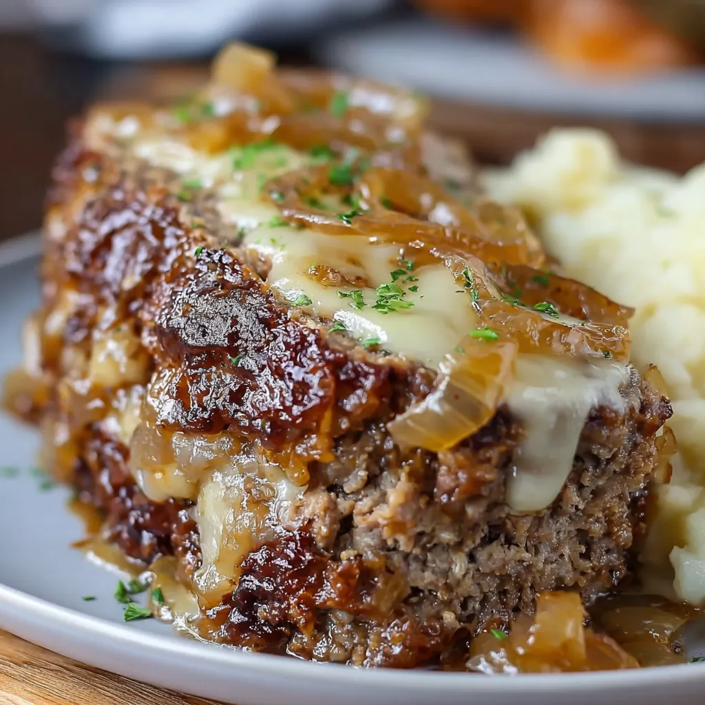 Slow-cooked French onion meatloaf topped with melted Swiss cheese in a crockpot.