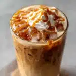 A glass of caramel iced coffee topped with whipped cream and caramel drizzle.