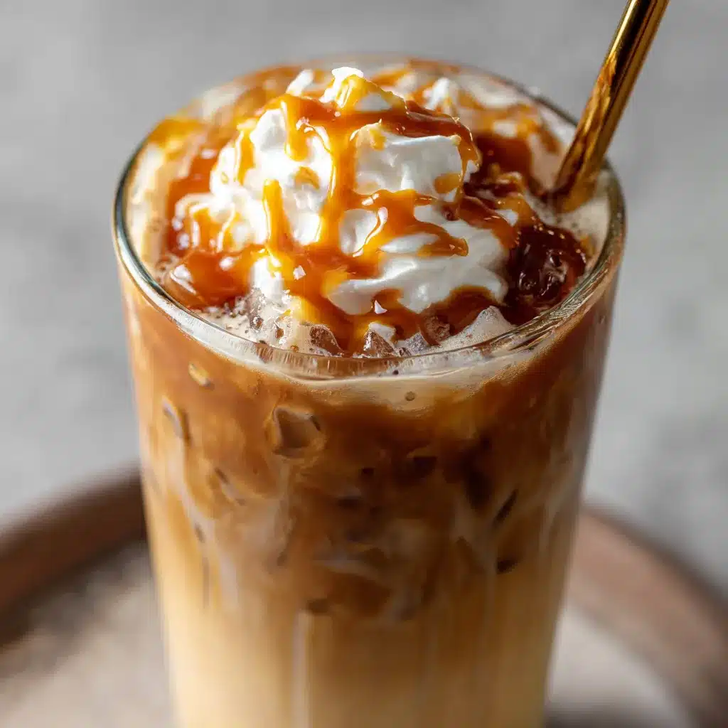 A glass of caramel iced coffee topped with whipped cream and caramel drizzle.