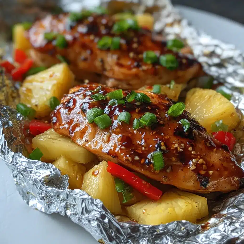 Teriyaki chicken foil packet with pineapple, bell peppers, broccoli, and sesame seeds on foil.