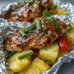 Teriyaki chicken foil packet with pineapple, bell peppers, broccoli, and sesame seeds on foil.