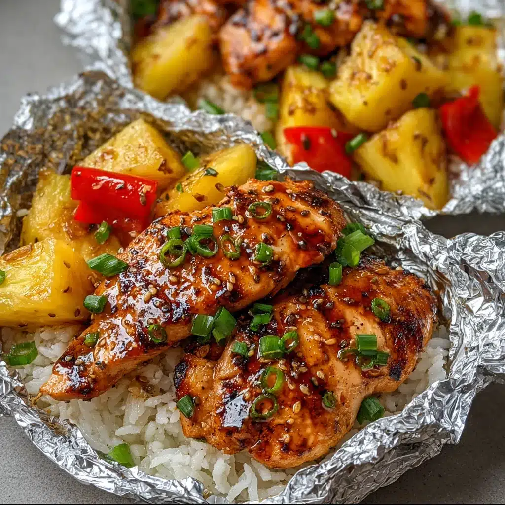 Teriyaki chicken foil packet with pineapple, bell peppers, broccoli, and sesame seeds on foil.
