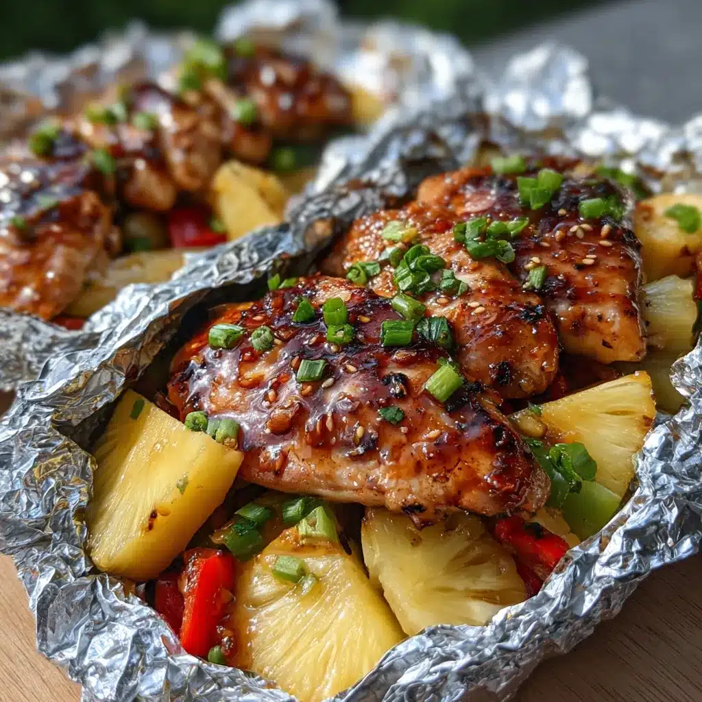 Teriyaki chicken foil packet with pineapple, bell peppers, broccoli, and sesame seeds on foil.