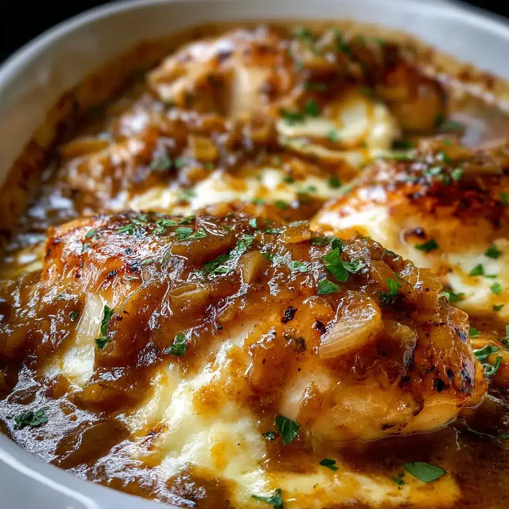 Baked chicken breasts in skillet with caramelized onions and melted mozzarella