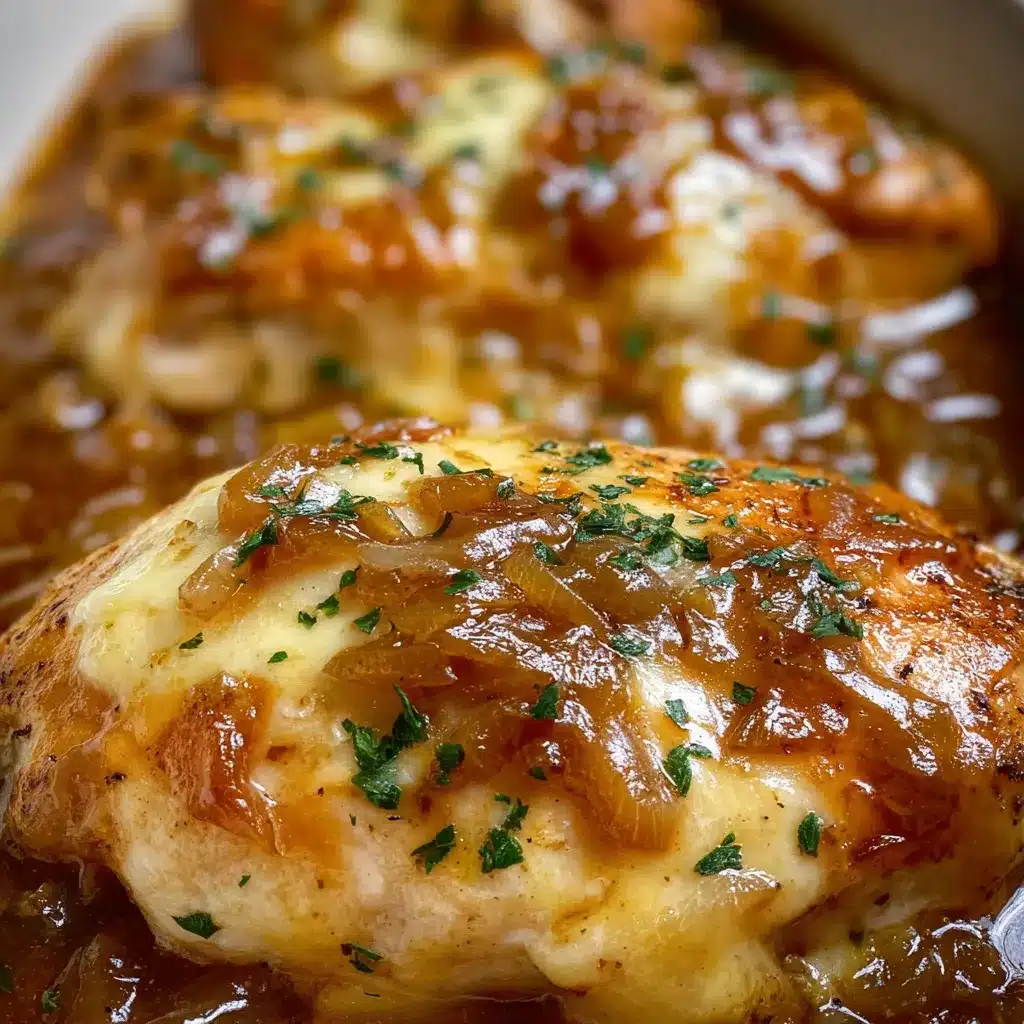 Baked chicken breasts in skillet with caramelized onions and melted mozzarella