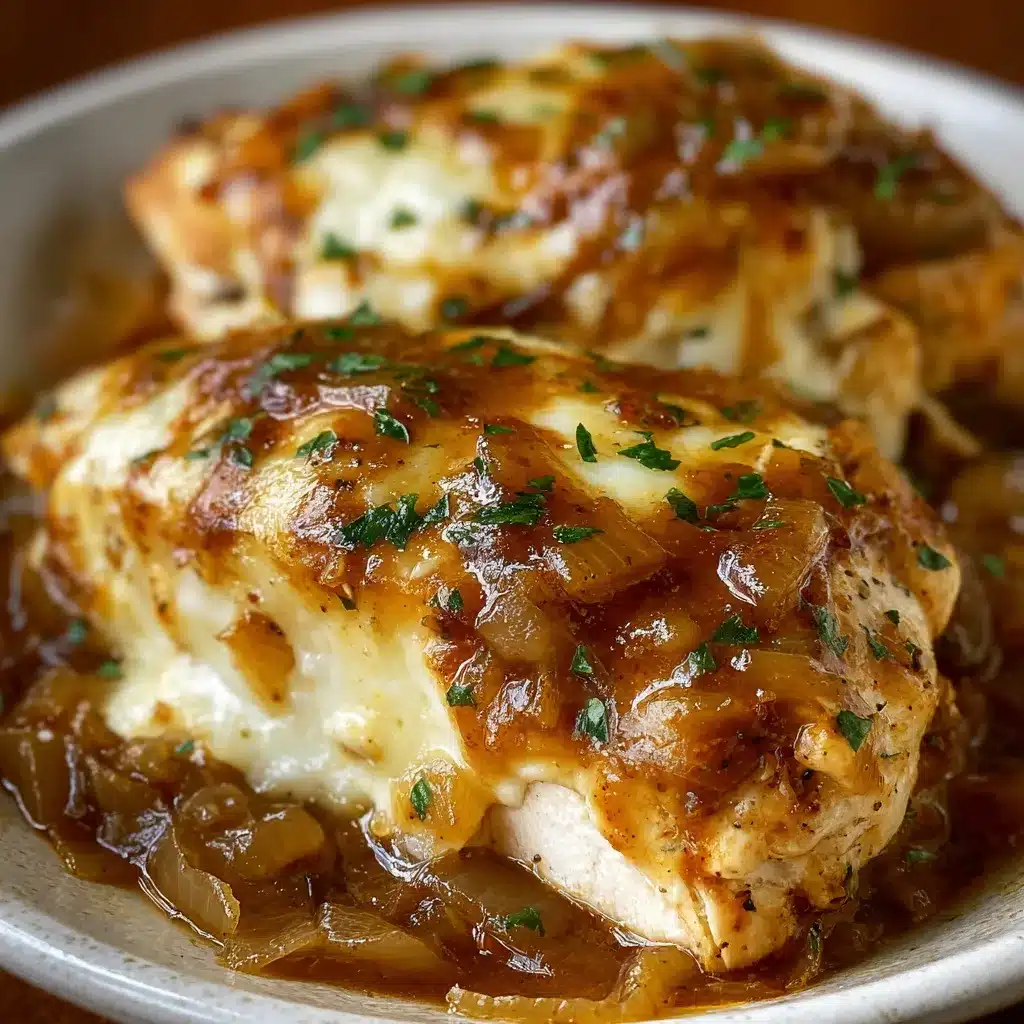 Baked chicken breasts in skillet with caramelized onions and melted mozzarella