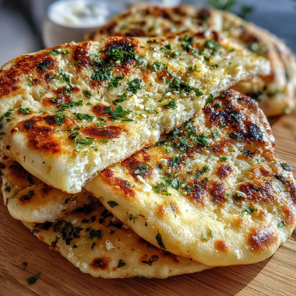 Freshly cooked garlic and butter flatbreads stacked on a plate, brushed with parsley garlic butter.