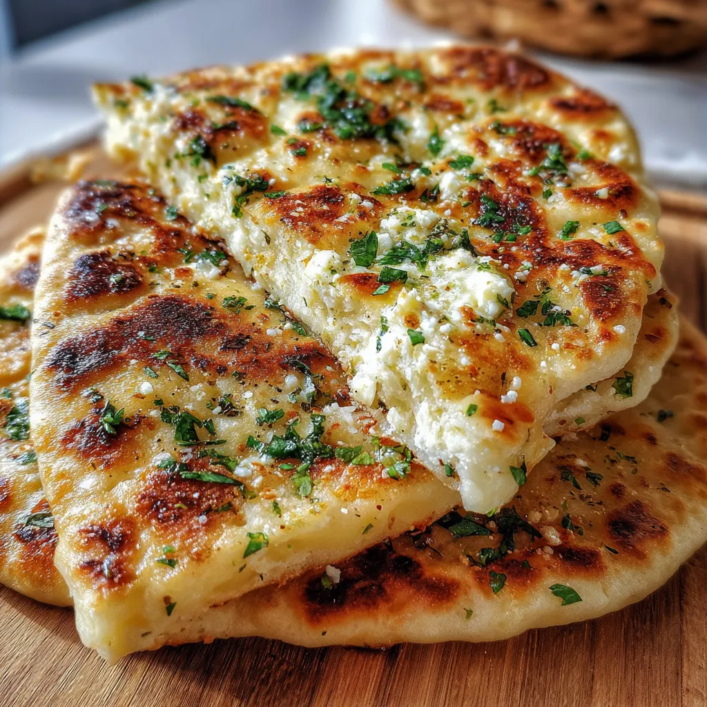 Freshly cooked garlic and butter flatbreads stacked on a plate, brushed with parsley garlic butter.