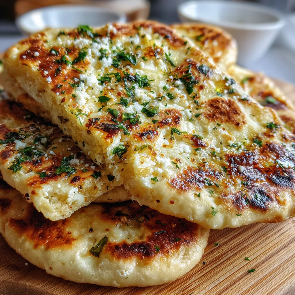 Freshly cooked garlic and butter flatbreads stacked on a plate, brushed with parsley garlic butter.