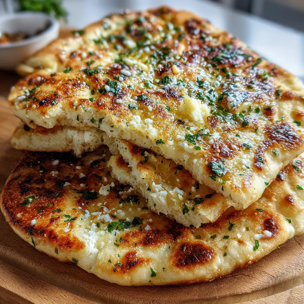 Freshly cooked garlic and butter flatbreads stacked on a plate, brushed with parsley garlic butter.