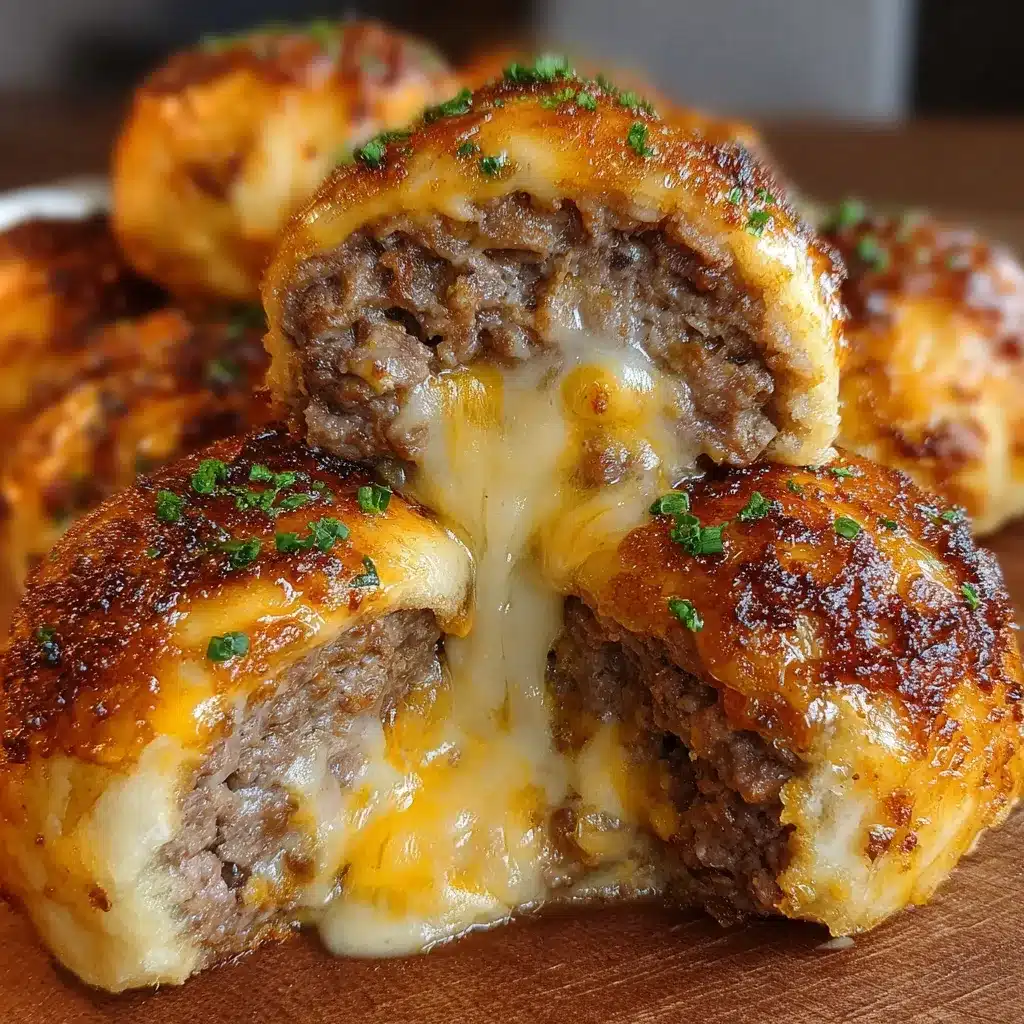 Golden Garlic Parmesan Cheeseburger Bombs on a baking tray topped with melted butter and fresh parsley
