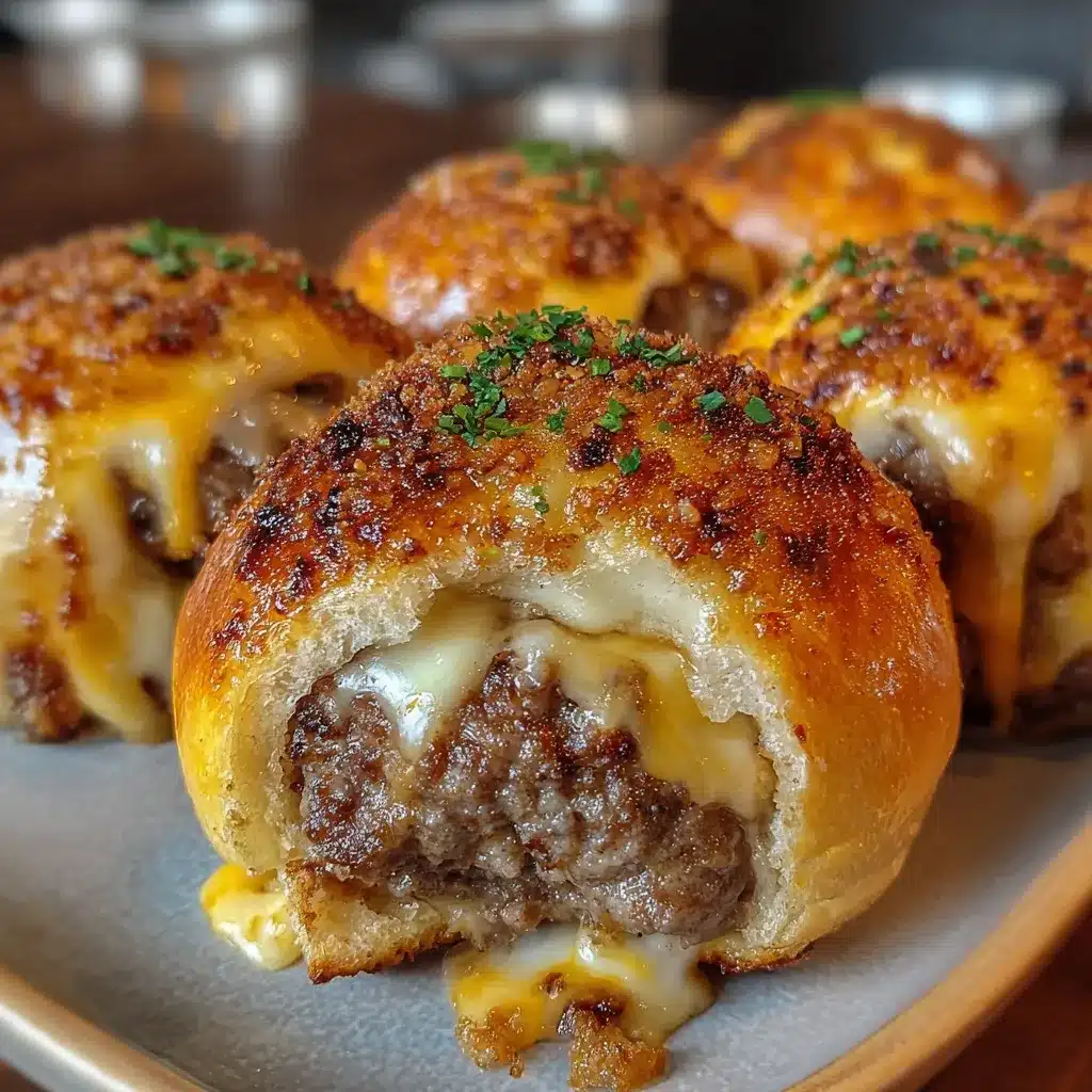 Golden Garlic Parmesan Cheeseburger Bombs on a baking tray topped with melted butter and fresh parsley