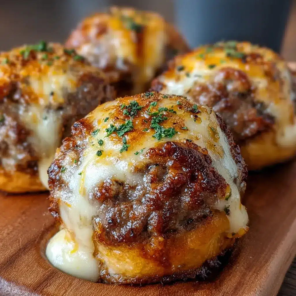 Golden Garlic Parmesan Cheeseburger Bombs on a baking tray topped with melted butter and fresh parsley