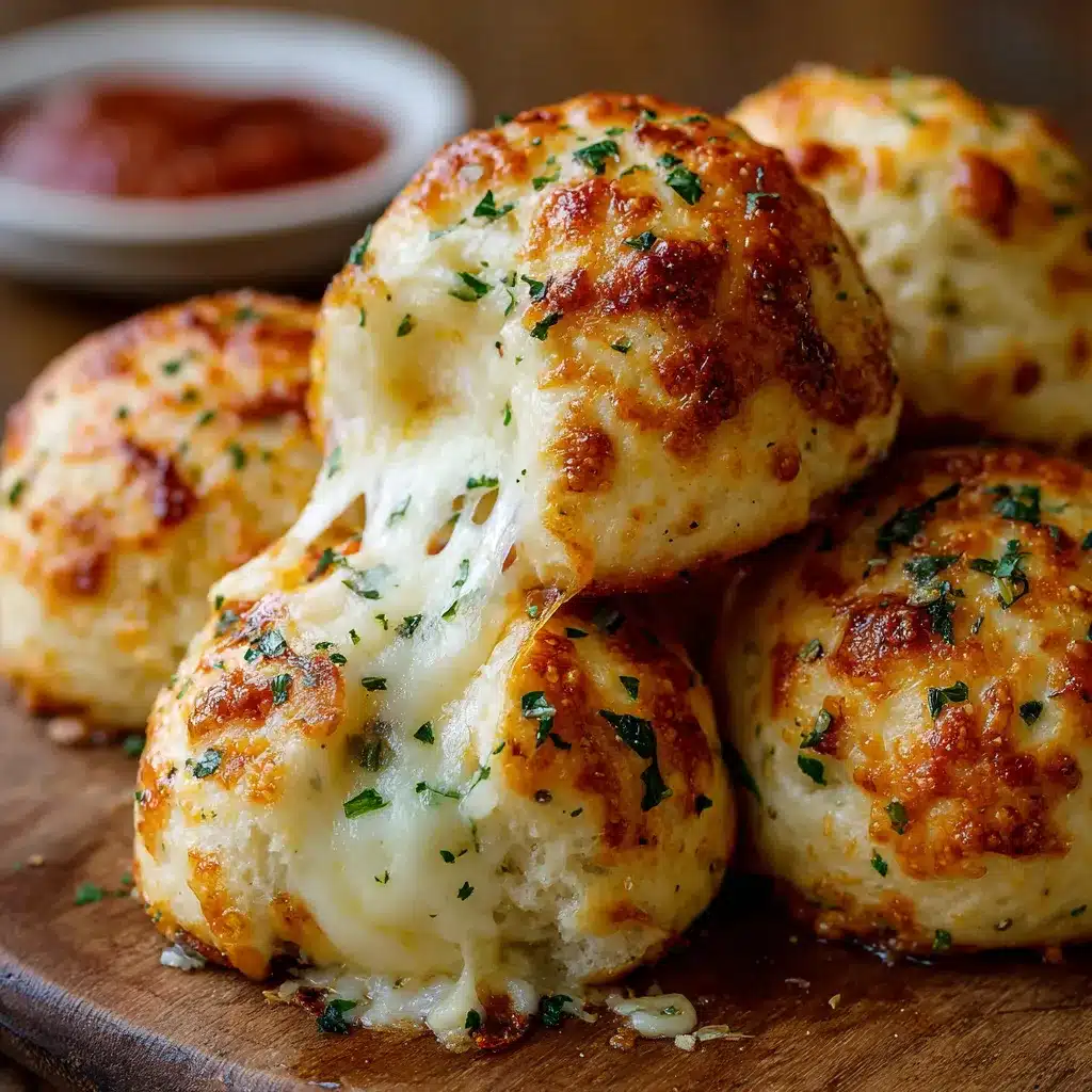 Gooey Mozzarella Biscuit Bombs served warm with marinara dipping sauce on a rustic plate.