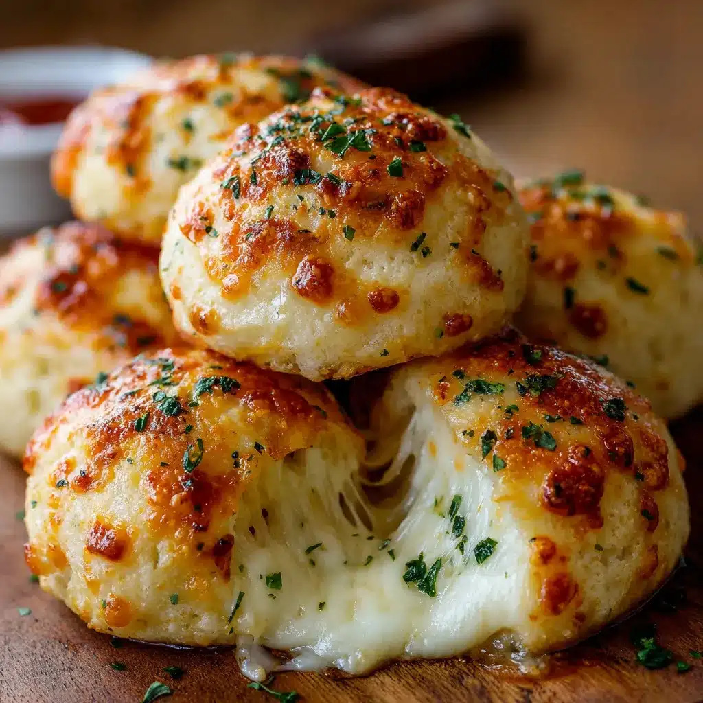 Gooey Mozzarella Biscuit Bombs served warm with marinara dipping sauce on a rustic plate.