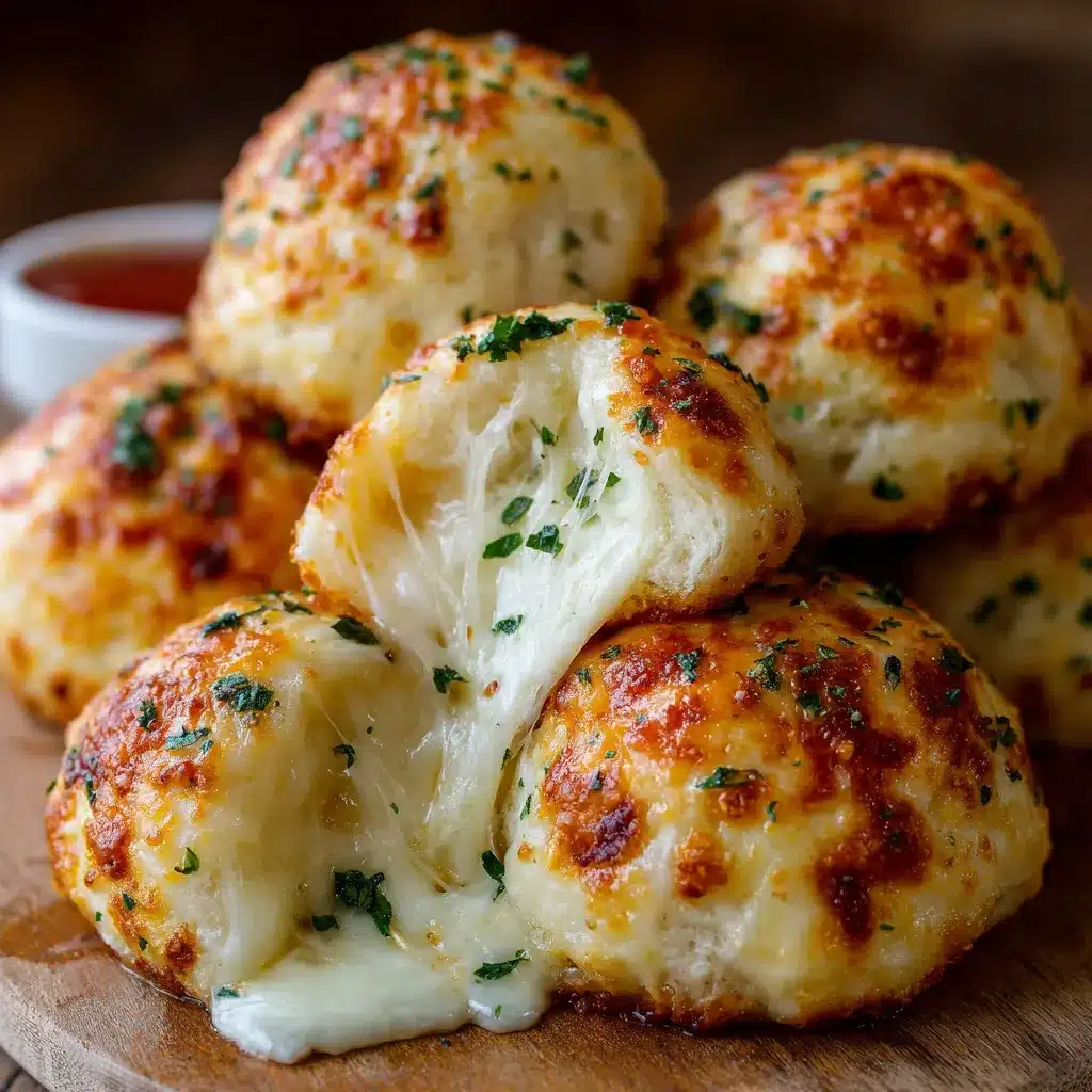 Gooey Mozzarella Biscuit Bombs served warm with marinara dipping sauce on a rustic plate.