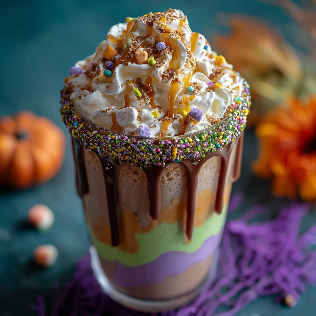 Colorful Hocus Pocus Halloween milkshake in a decorated glass topped with whipped cream, candy eyeballs, and Halloween sprinkles.
