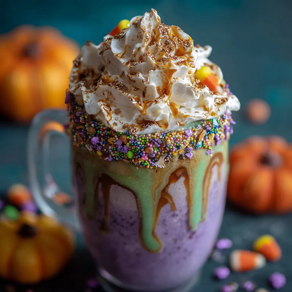 Colorful Hocus Pocus Halloween milkshake in a decorated glass topped with whipped cream, candy eyeballs, and Halloween sprinkles.