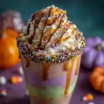 Colorful Hocus Pocus Halloween milkshake in a decorated glass topped with whipped cream, candy eyeballs, and Halloween sprinkles.