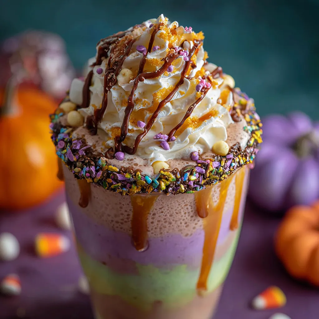 Colorful Hocus Pocus Halloween milkshake in a decorated glass topped with whipped cream, candy eyeballs, and Halloween sprinkles.