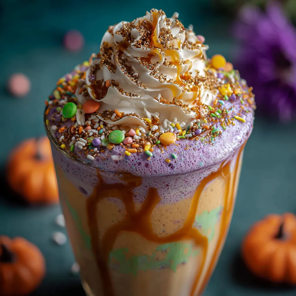 Colorful Hocus Pocus Halloween milkshake in a decorated glass topped with whipped cream, candy eyeballs, and Halloween sprinkles.