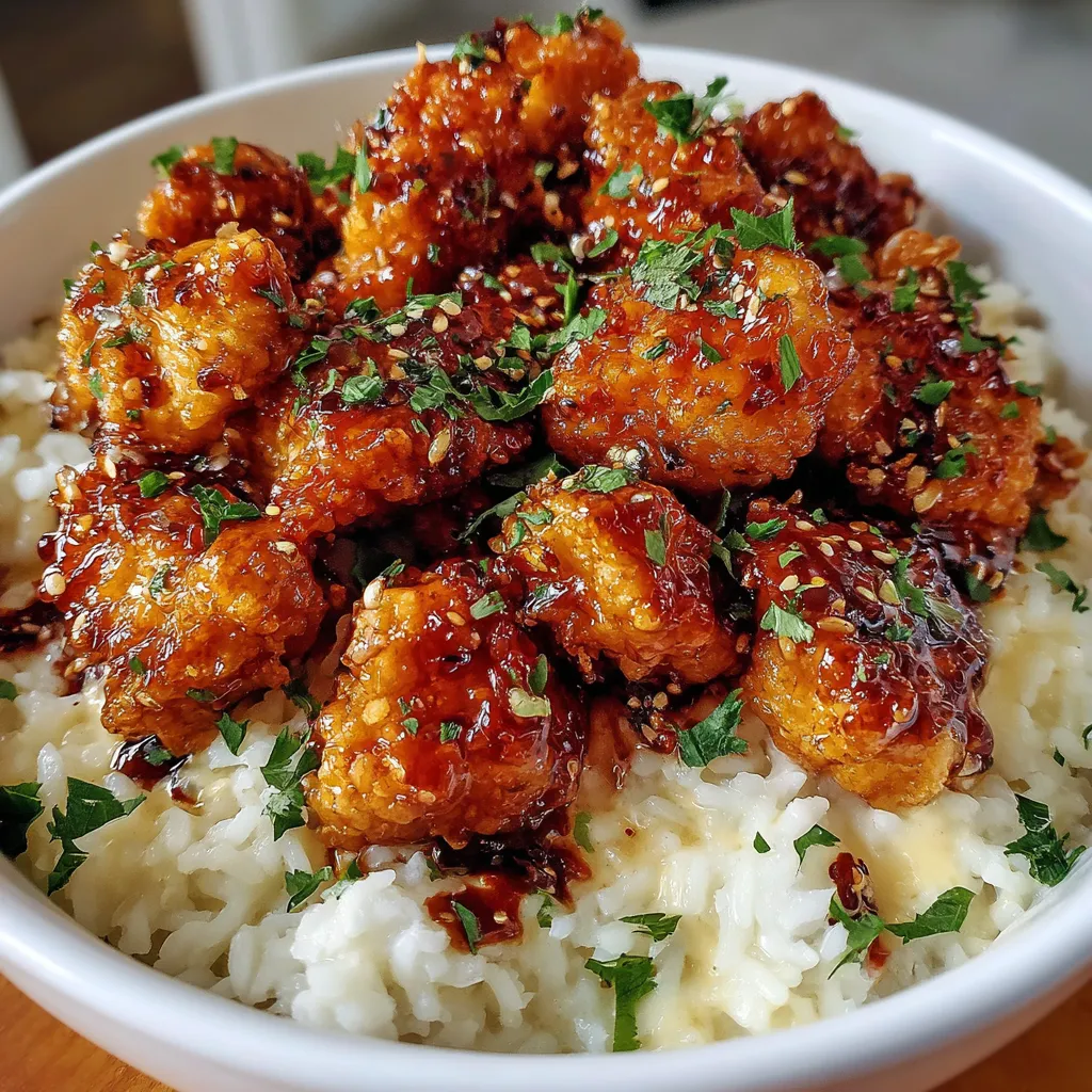 Honey garlic chicken bites served over creamy rice and garnished with green onions and sesame seeds
