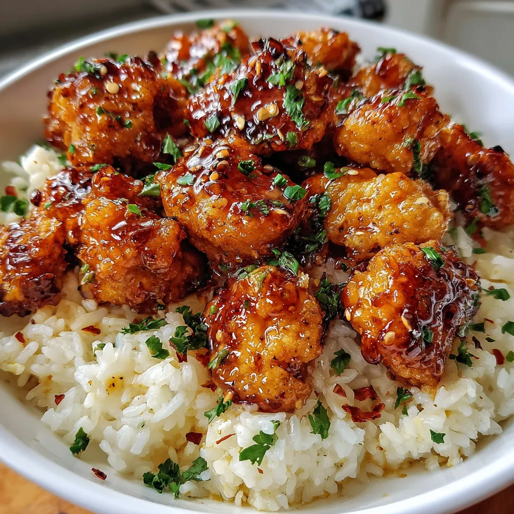 Honey garlic chicken bites served over creamy rice and garnished with green onions and sesame seeds