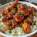 Honey garlic chicken bites served over creamy rice and garnished with green onions and sesame seeds