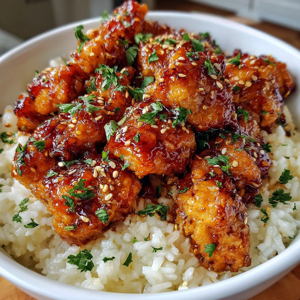 Honey garlic chicken bites served over creamy rice and garnished with green onions and sesame seeds