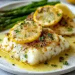 Flaky lemon butter baked cod fillets garnished with parsley on a white baking dish