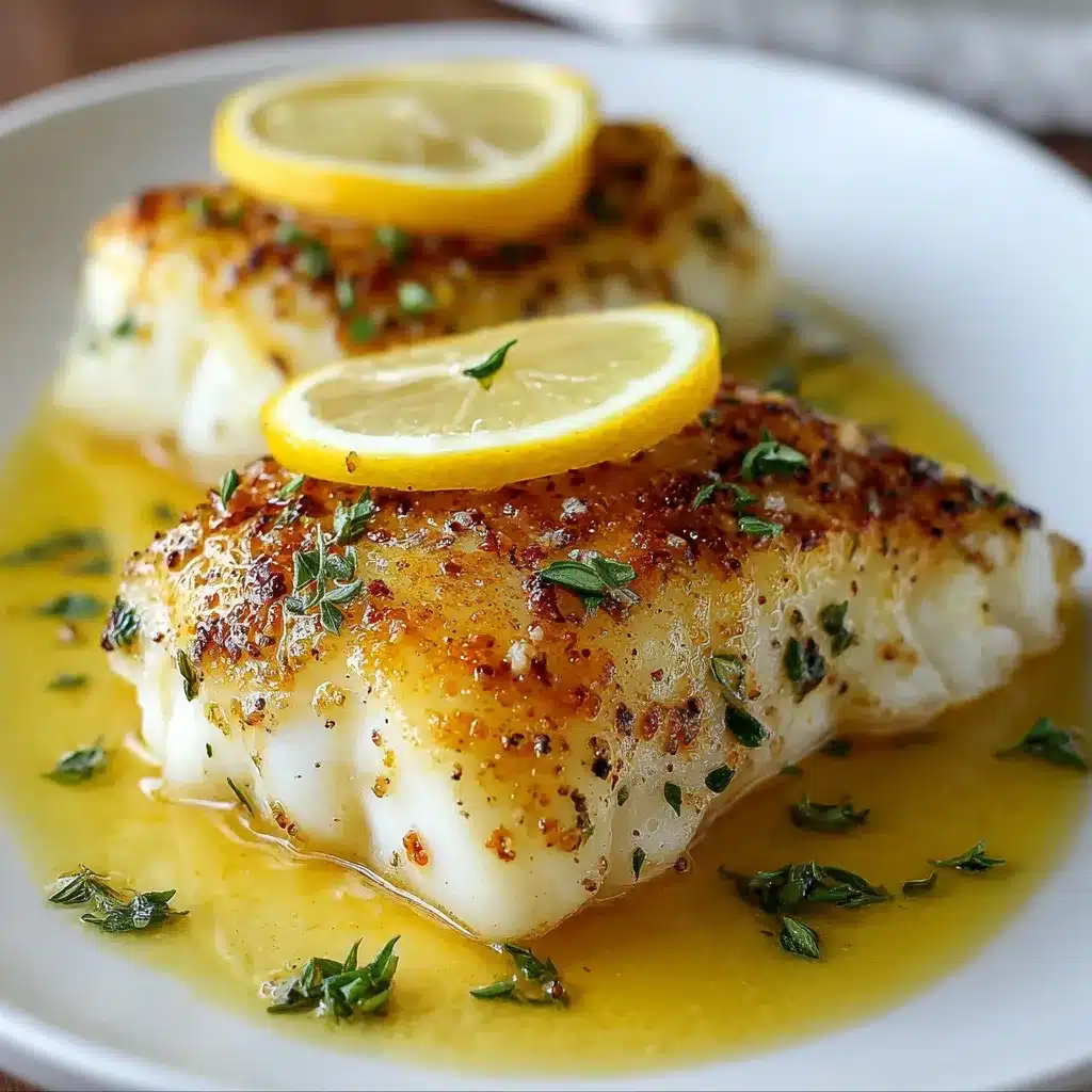 Flaky lemon butter baked cod fillets garnished with parsley on a white baking dish