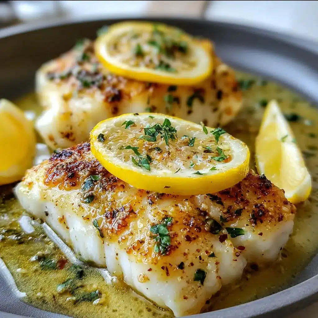 Flaky lemon butter baked cod fillets garnished with parsley on a white baking dish