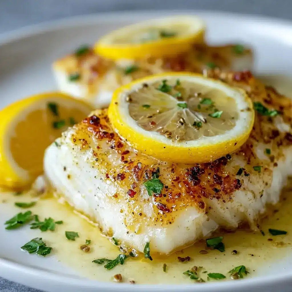 Flaky lemon butter baked cod fillets garnished with parsley on a white baking dish