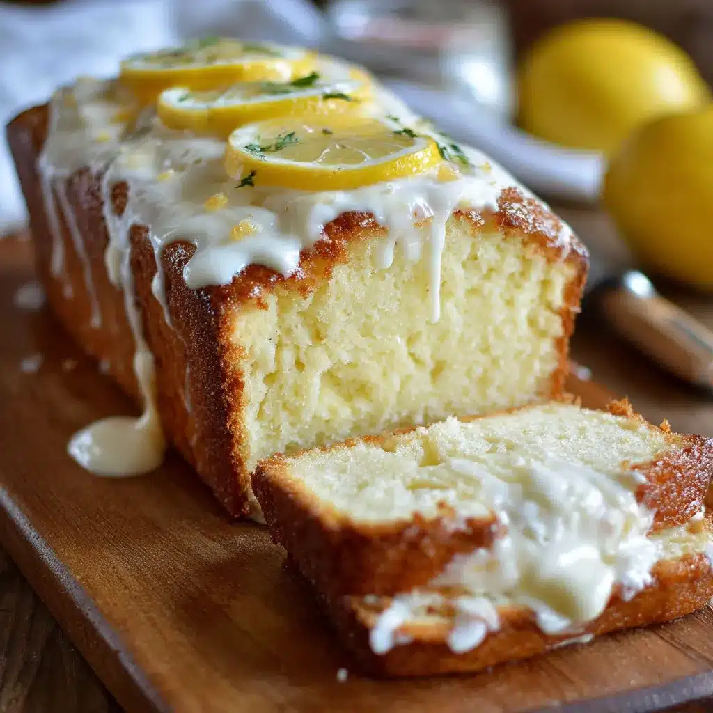 Freshly baked lemon cream cheese loaf drizzled with a glossy lemon glaze on a white serving plate.