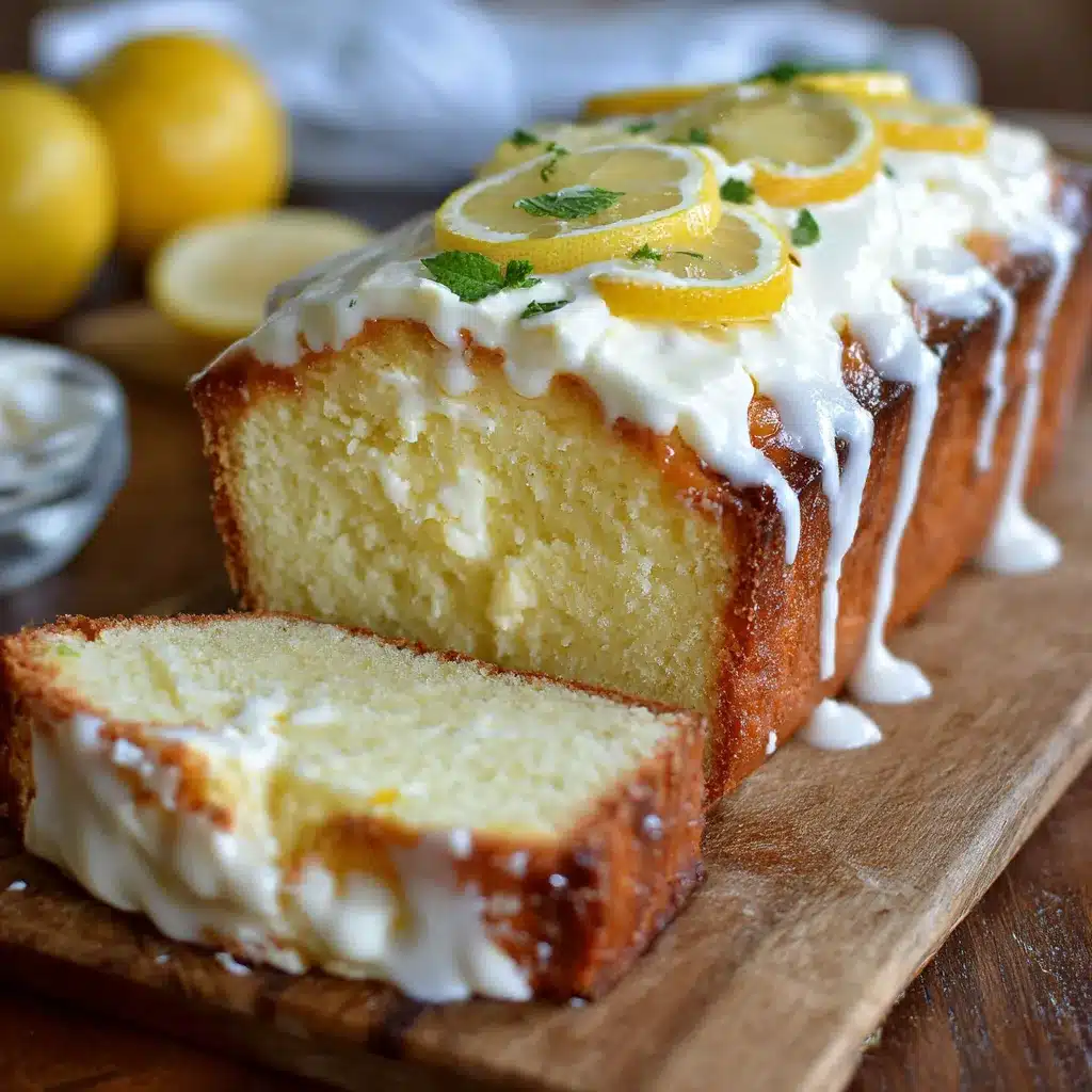 Freshly baked lemon cream cheese loaf drizzled with a glossy lemon glaze on a white serving plate.