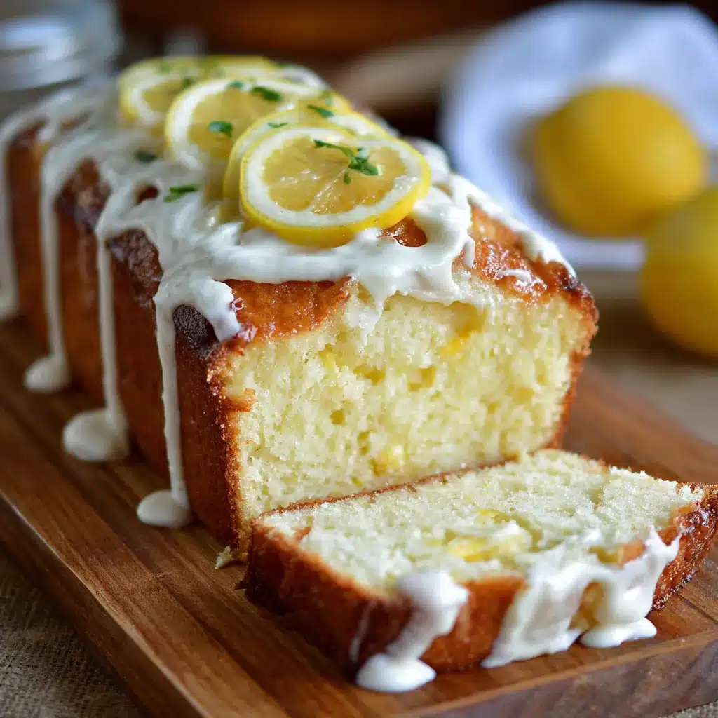 Freshly baked lemon cream cheese loaf drizzled with a glossy lemon glaze on a white serving plate.