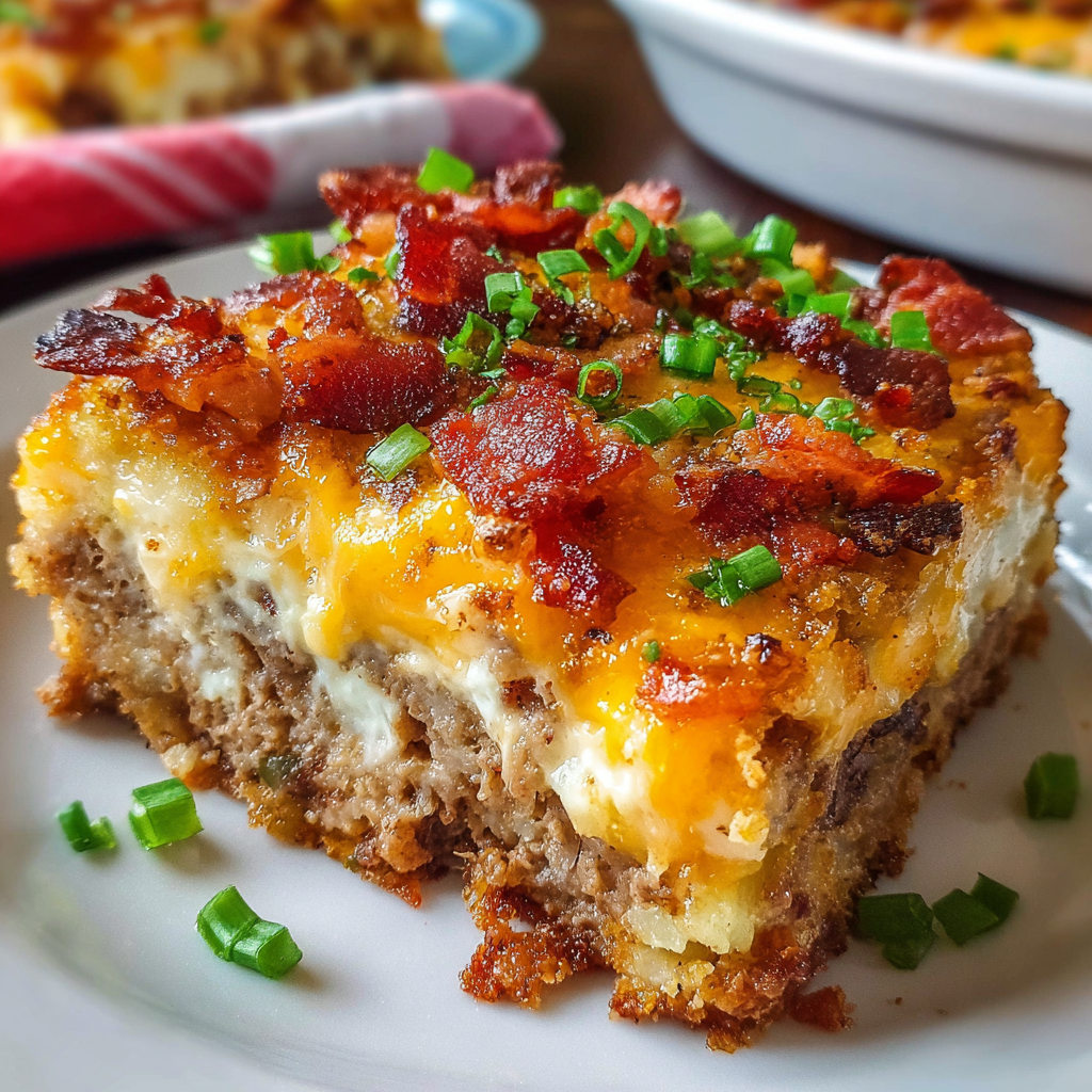 Loaded potato meatloaf casserole with crispy bacon and melted cheese in a baking dish.