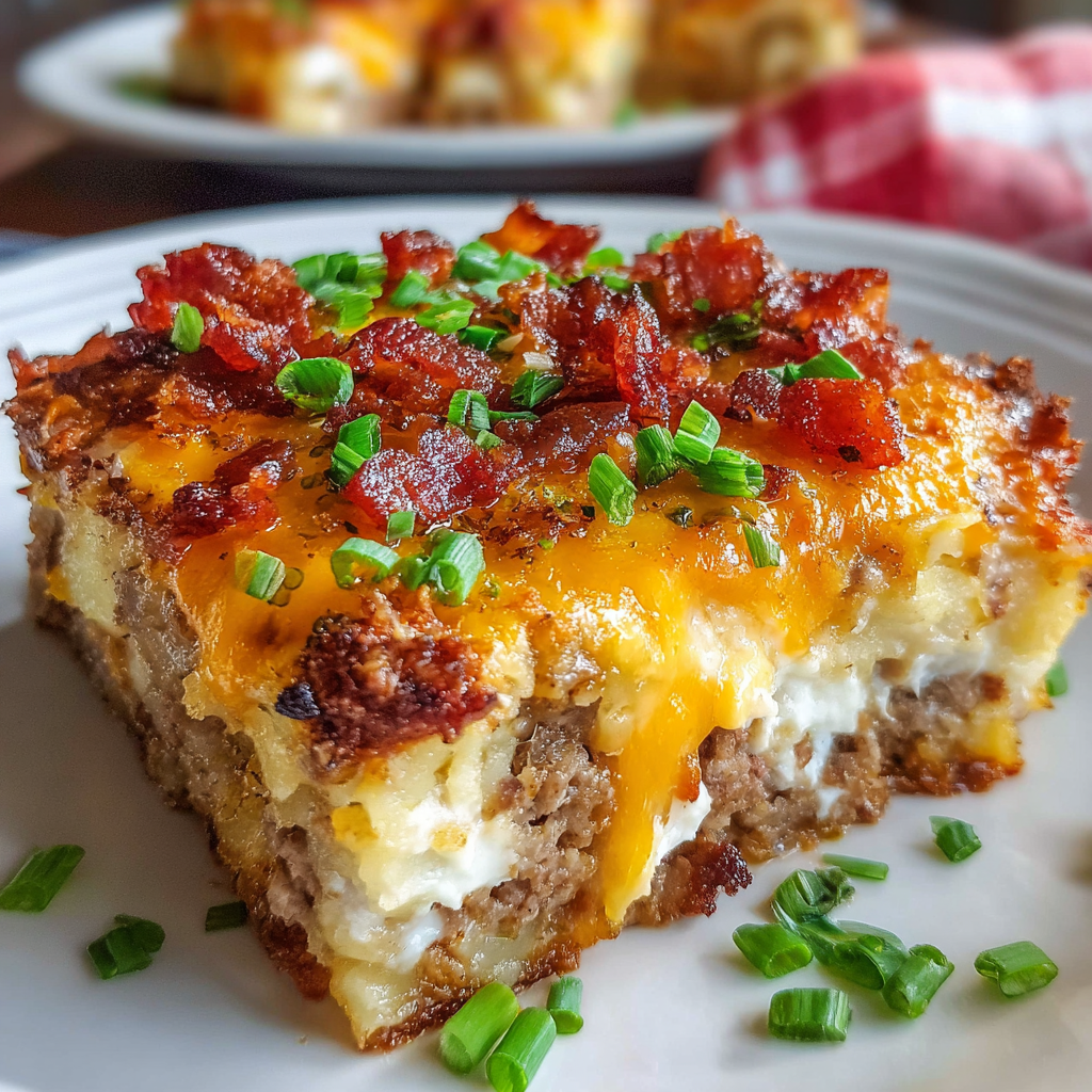 Loaded potato meatloaf casserole with crispy bacon and melted cheese in a baking dish.