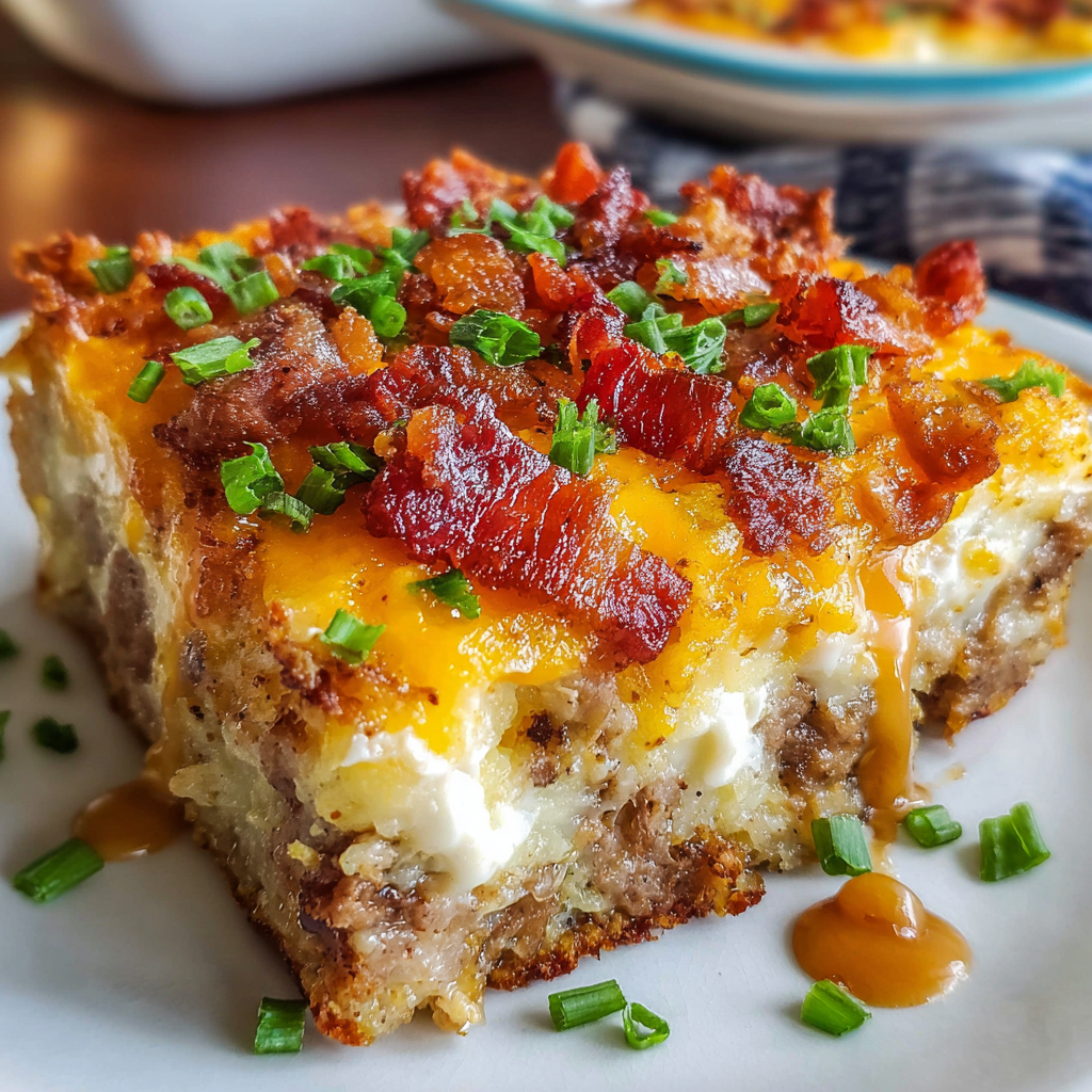 Loaded potato meatloaf casserole with crispy bacon and melted cheese in a baking dish.