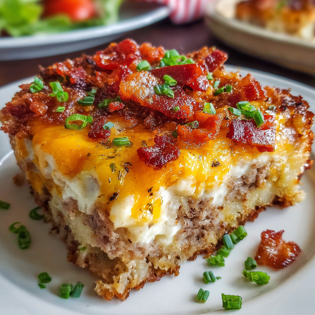 Loaded potato meatloaf casserole with crispy bacon and melted cheese in a baking dish.