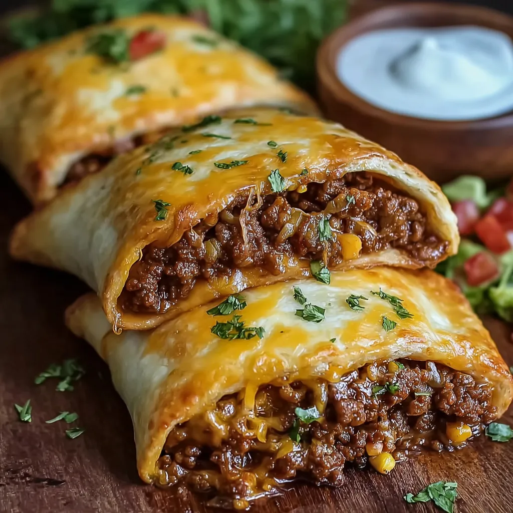 Golden brown taco-stuffed cheesy pockets served on a tray with sour cream and salsa on the side